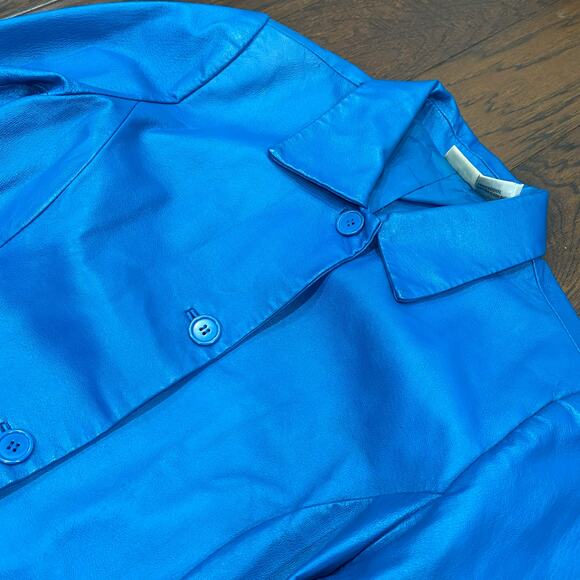 Vintage 90s Newport News Womens 3 in 1 Zip Off Blue Leather Trench Coat Medium - Picture 2 of 7